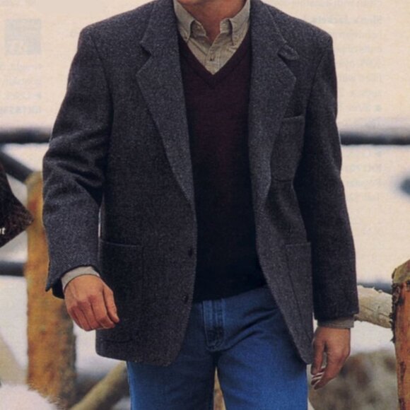 Tweed Plaid Herringbone Wool Blazer sz 46R - grey/blue - Picture 1 of 14